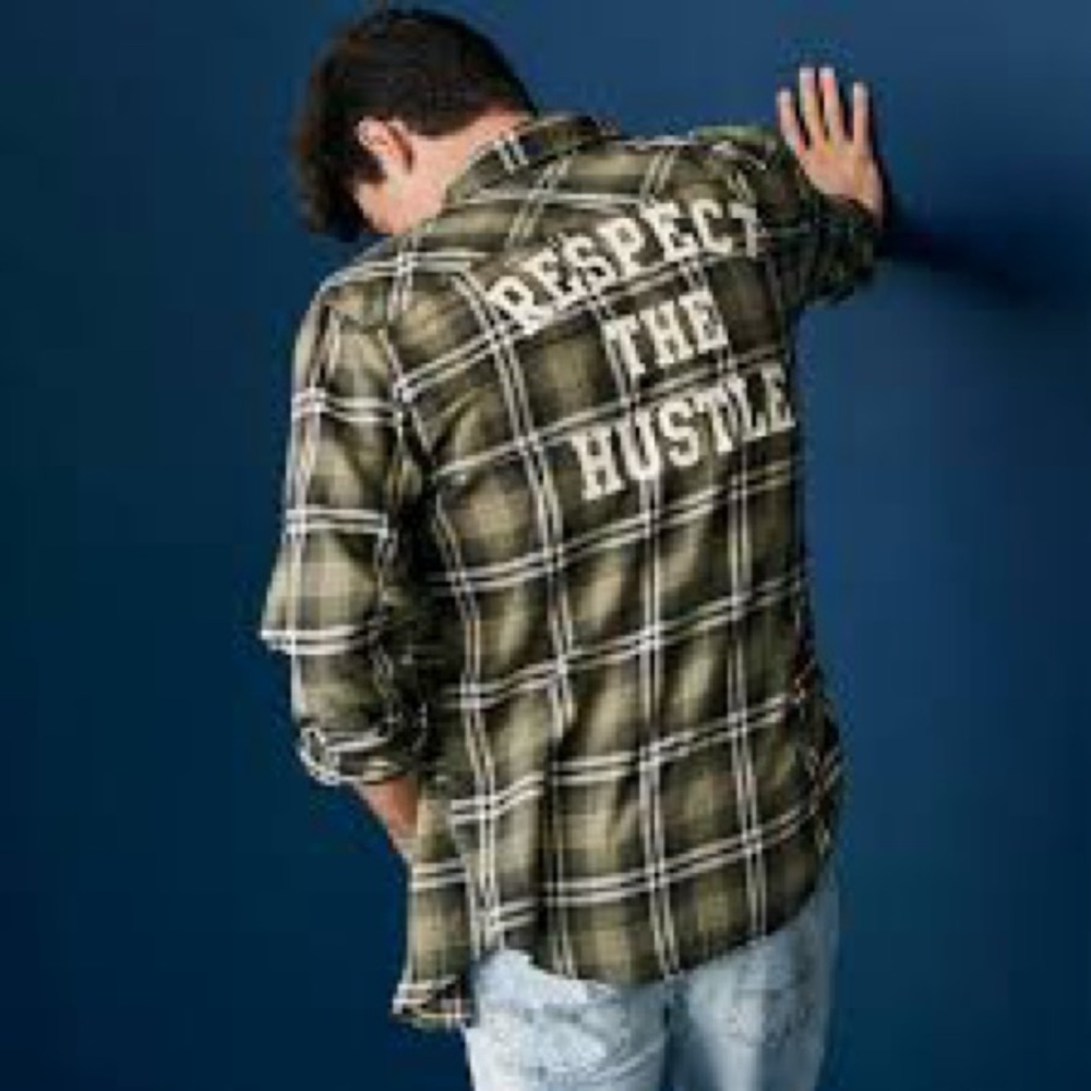 Plaid Button-Up Shirt with 'Respect The Hustle' Back Print - Olive